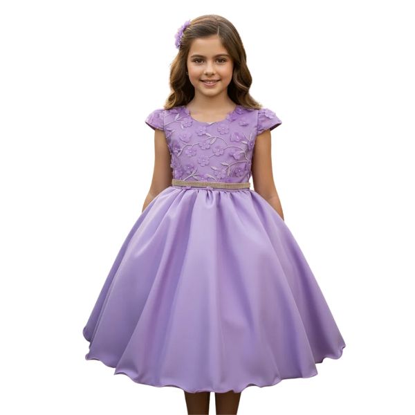 Vestido Juvenil Lilás Com Aplicações De Flores Elegante 