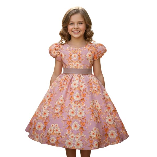 Vestido Infantil Flora Laranja Estampado Flores Passarinho Primavera 