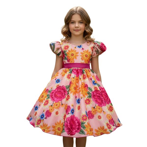 Vestido Infantil Flora Rosa Estampado Flores Passarinho Primavera 