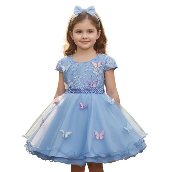 Vestido De Festa Azul Luxo Jardim Encantado Borboletas 
