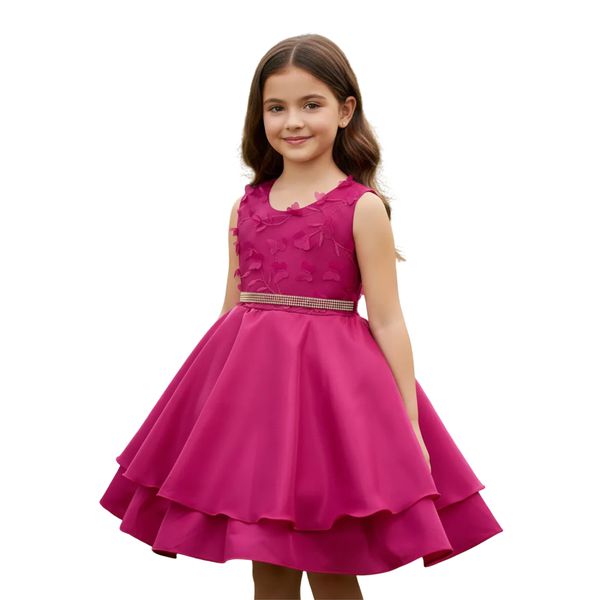 Vestido Infantil Pink Curto Elegante Com Aplique Flores + Tiara 