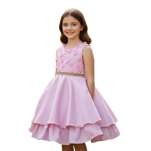 Vestido Infantil Rosa Curto Elegante Com Aplique Flores + Tiara 