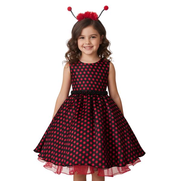 Vestido Infantil Curto Preto Fantasia Joaninha Tiara Temática 
