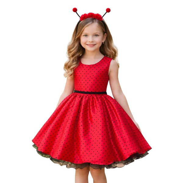 Vestido Infantil Curto Fantasia Joaninha Tiara Temática