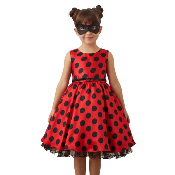 Vestido Infantil Curto Fantasia Ladybug Máscara Temática