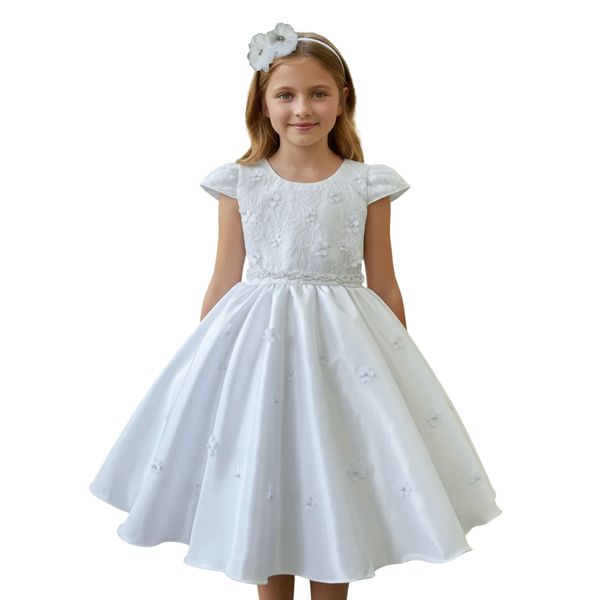 Vestido Infantil Rendado Curto Flores Na Saia + Tiara Flor