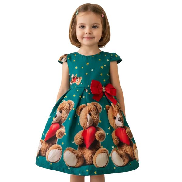Vestido Juvenil Infantil Verde de Urso Menina Estampa Natal