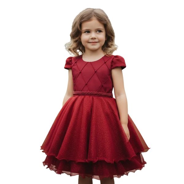 Vestido Infantil Princesa Bordô Pérola Festa Luxo Saia De Brilho 