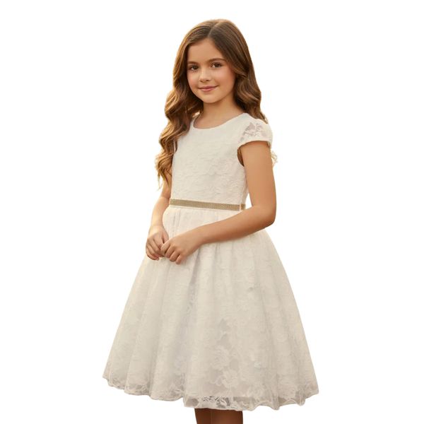 Vestido De Festa Infantil Juvenil Champanhe Renda Com Cinto De Strass 