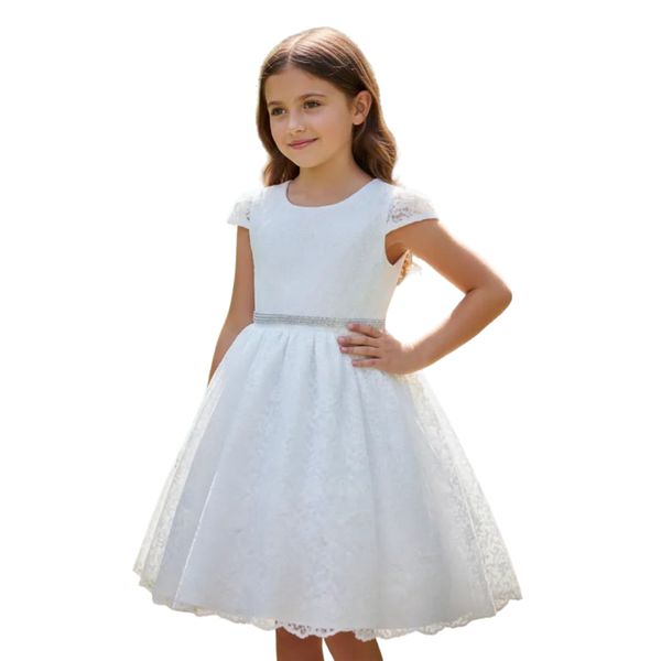 Vestido De Festa Infantil Juvenil Branco Renda Com Cinto De Strass
