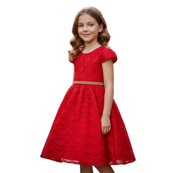 Vestido De Festa Infantil Juvenil Vermelho Renda Com Cinto De Strass 