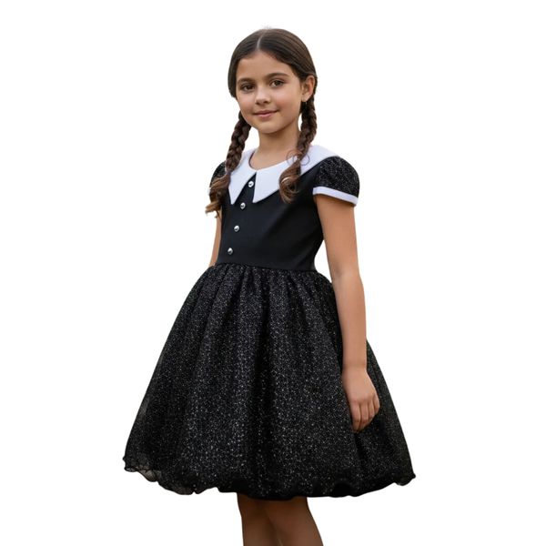Vestido Juvenil Menina Wandinha Halloween Fantasia Preto