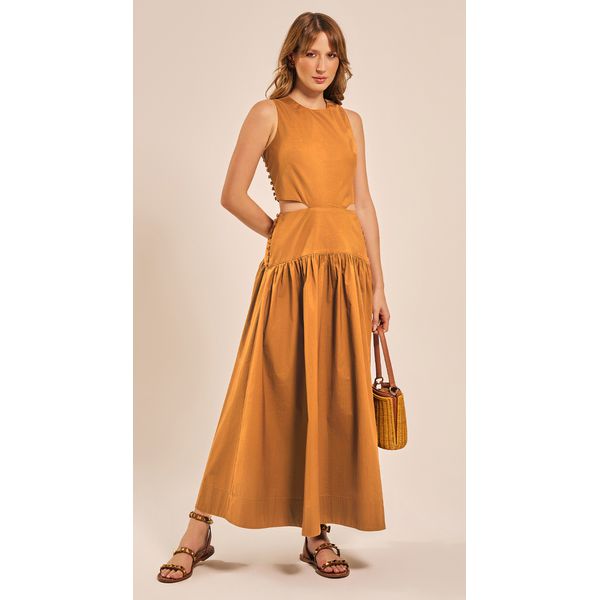 Vestido Longo com Botões Laterais Castanho 