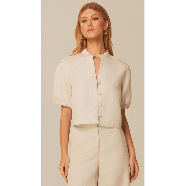 Blusa Cropped em Linho Bege