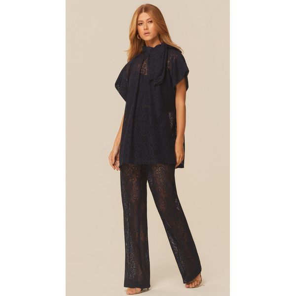 Calça Cintura Alta em Renda Azul Marinho 