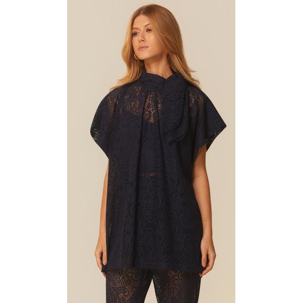 Blusa Ampla com Gola Laço Azul Marinho