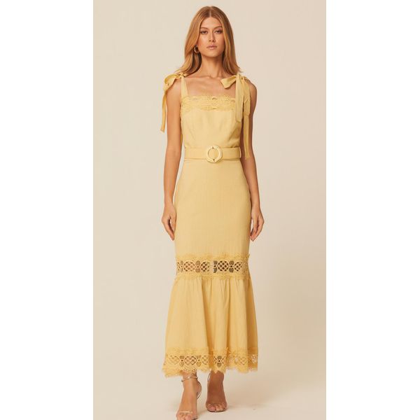 Vestido Midi Alça Larga em Linho Amarelo