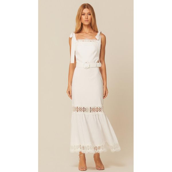 Vestido Midi Alça Larga em Linho Branco