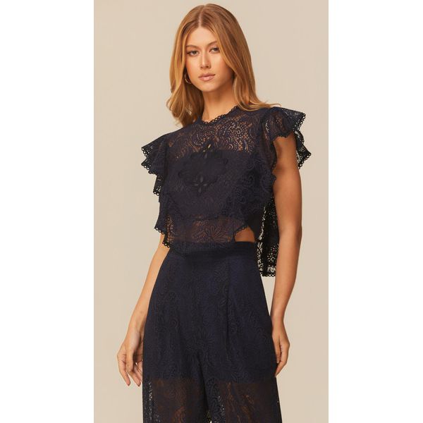 Blusa Ampla em Renda com Bordado Azul Marinho