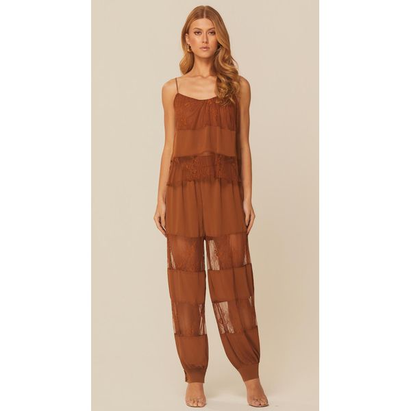 Calça Cintura Alta com Renda Marrom