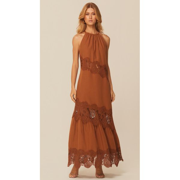 Vestido Longo com Detalhe em Renda Marrom