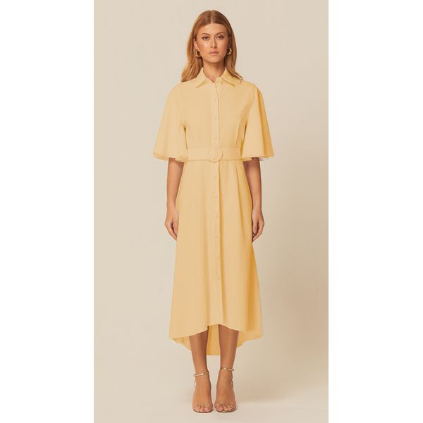 Vestido Midi Manga Curta em Linho Amarelo