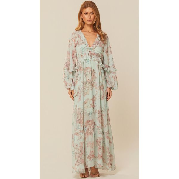 Vestido Longo com Babados Azul Estampado