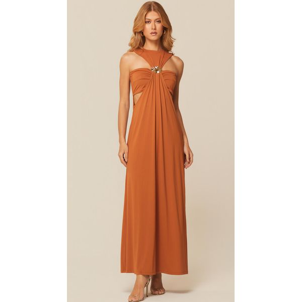 Vestido Midi com Recortes em Malha Terracota