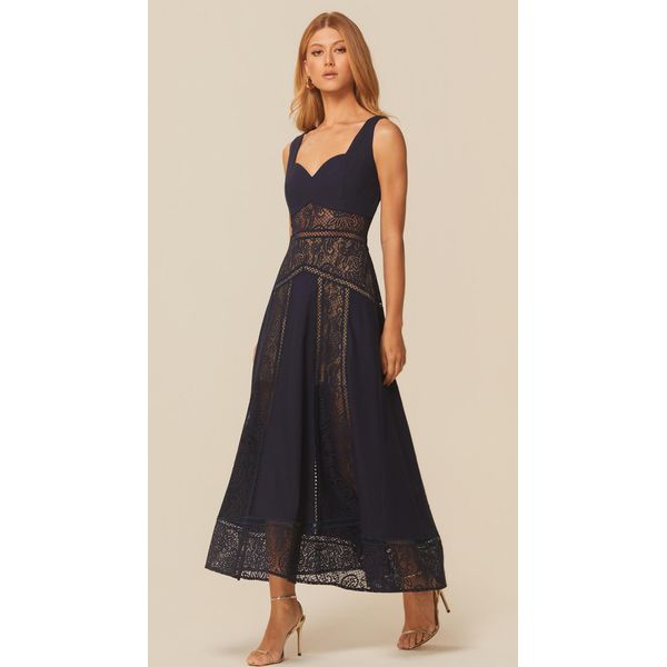Vestido Midi Assimétrico com Renda Azul Marinho