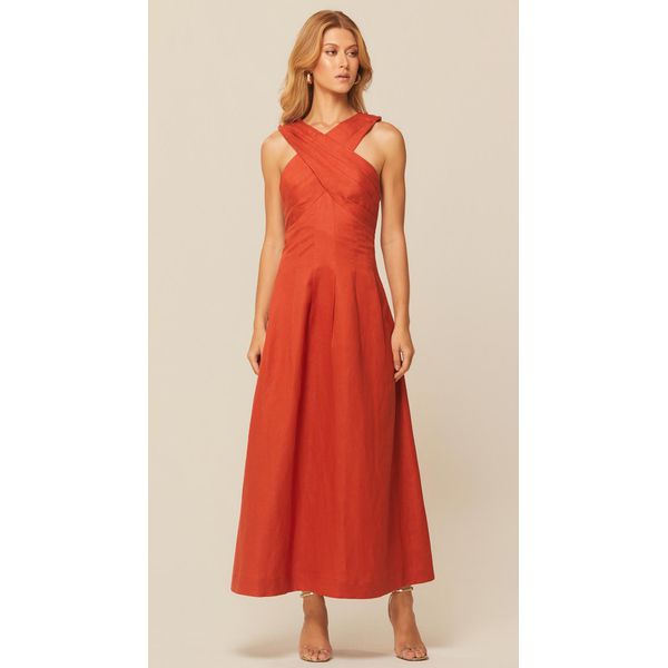 Vestido Midi sem Mangas em Linho Terracota