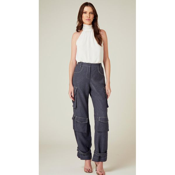 Calça Cargo Cintura Alta Azul Marinho