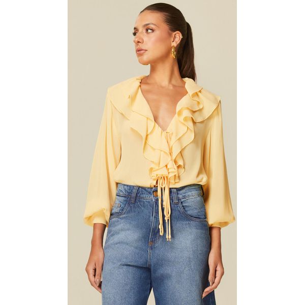 Blusa Manga Longa com Babados Amarelo 