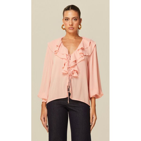 Blusa Manga Longa com Babados Rosa