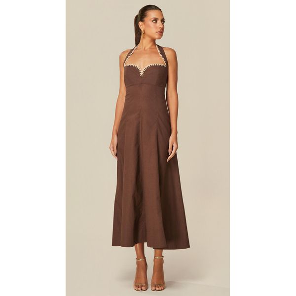 Vestido Midi em Linho Marrom