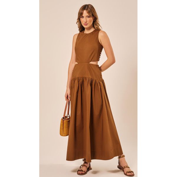 Vestido Longo com Botões Laterais Castanho Escuro