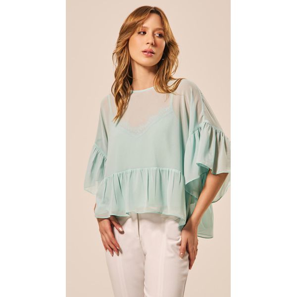 Blusa Manga 3/4 com Babado Verde Claro