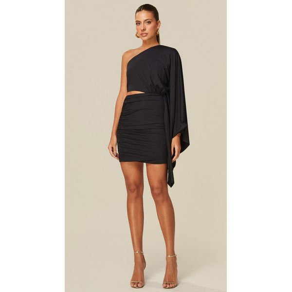 Vestido Curto Assimétrico em Malha Preto