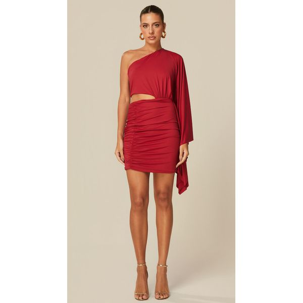 Vestido Curto Assimétrico em Malha Vermelho