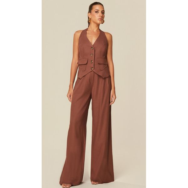Calça Pantalona em Linho Chocolate