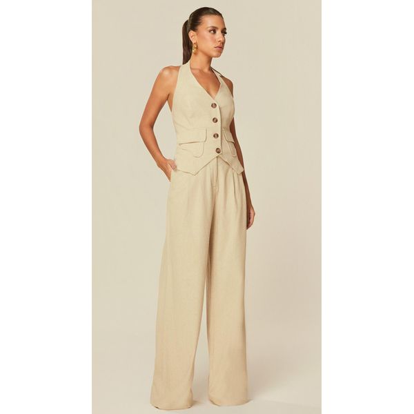 Calça Pantalona em Linho Bege