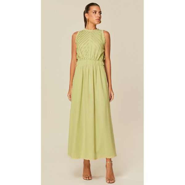 Vestido Midi com Renda em Linho Verde