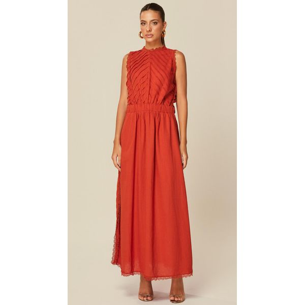 Vestido Midi com Renda em Linho Terracota 