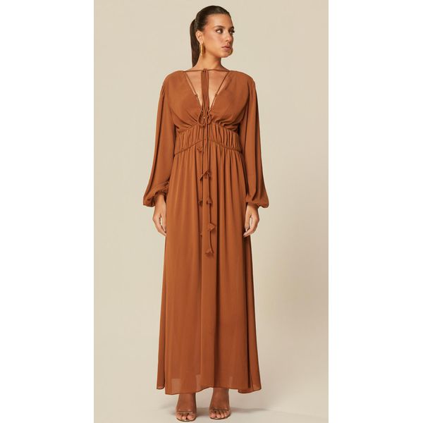 Vestido Midi com Decote V Marrom 