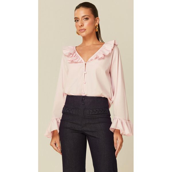 Blusa Manga Longa com Babado Rosa