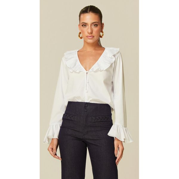 Blusa Manga Longa com Babado Branco