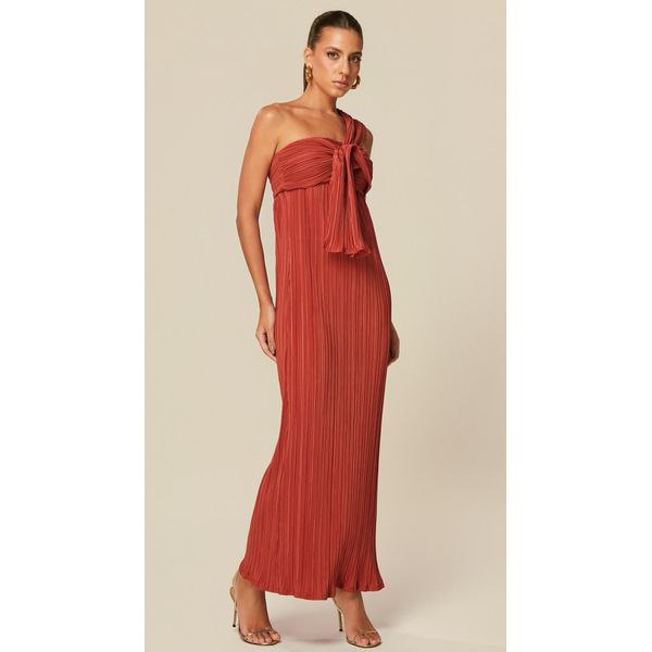 Vestido Midi em Malha Plissada Terracota