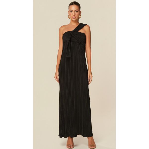 Vestido Midi em Malha Plissada Preto