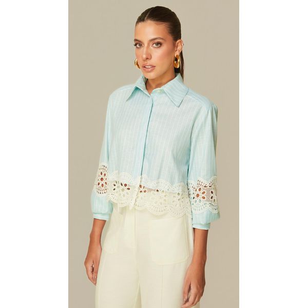 Camisa Cropped com Guipir Verde Claro