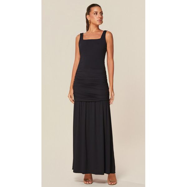 Vestido Longo em Malha com Textura Preto