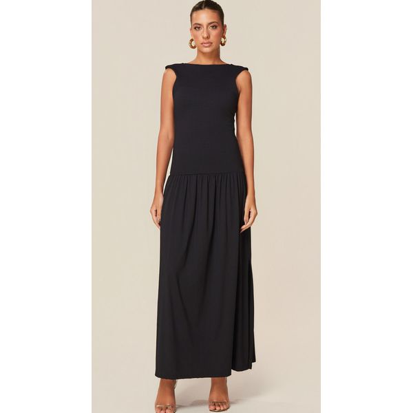 Vestido Longo com Decote Alto em Malha Preto